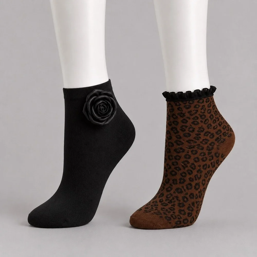 A New Day 2 Pair Fashion Anklets Black Rose & Leopard Print Ruffle Socks NWT